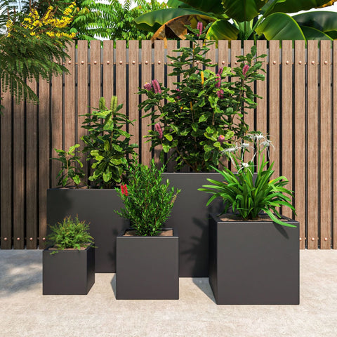 Fern 5-Piece Modern Fiberstone and MGO Clay Square Planter Set for Indoor and Outdoor