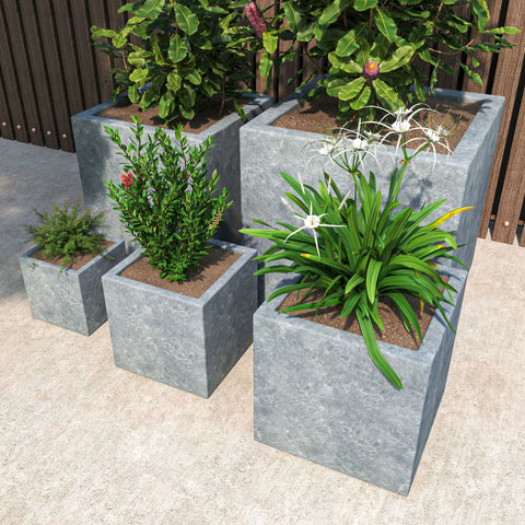 Fern 5-Piece Modern Fiberstone and MGO Clay Square Planter Set for Indoor and Outdoor