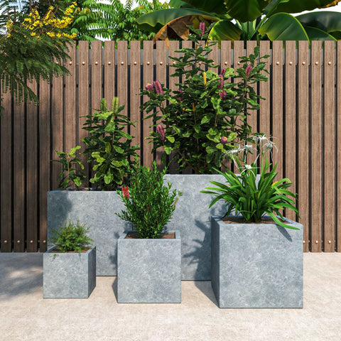 Fern 5-Piece Modern Fiberstone and MGO Clay Square Planter Set for Indoor and Outdoor