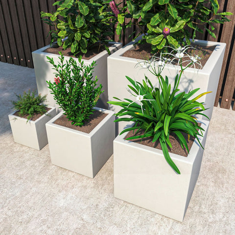 Fern 5-Piece Modern Fiberstone and MGO Clay Square Planter Set for Indoor and Outdoor