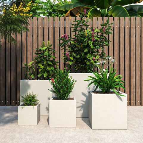 Fern 5-Piece Modern Fiberstone and MGO Clay Square Planter Set for Indoor and Outdoor