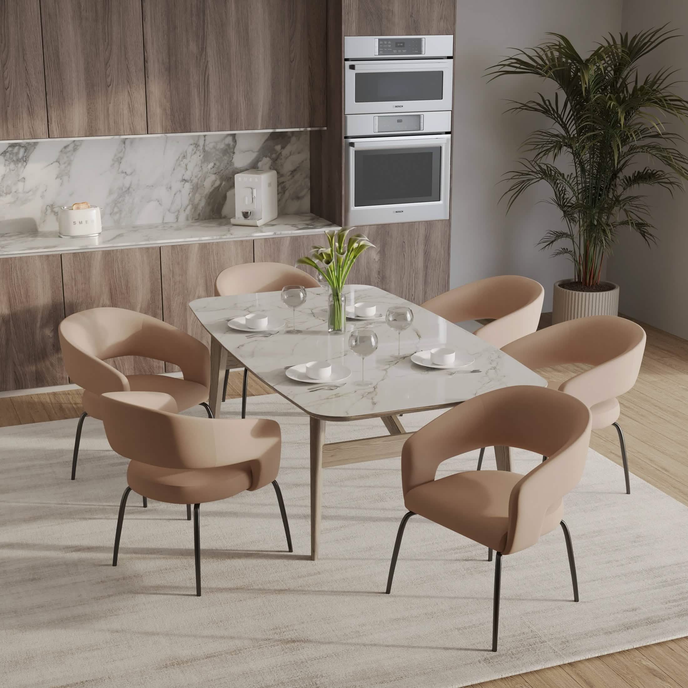 Gavin Dining Chair Upholstered in Leather/Velvet with Open Curved Backrest in Black Iron