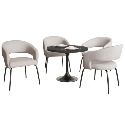 Verve 5-Piece Dining Set with 36" Round Dining Table in Black MDF Top and 4 Dining Chairs Upholstered in Velvet/LeatherThis 5-piece dining set includes a stylish 36" round table with a sleek black MDF top and 4 comfortable dining chairs upholstered in a l