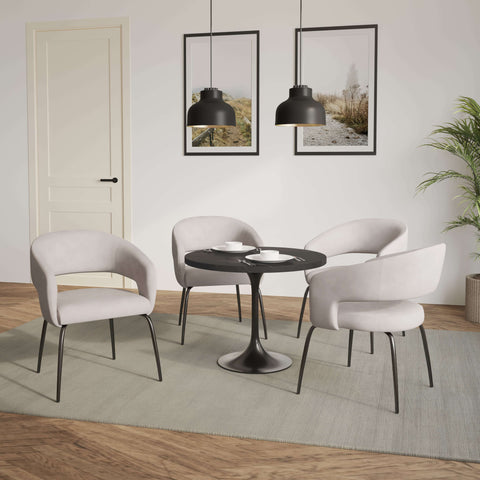 Verve 5-Piece Dining Set with 36" Round Dining Table in Black MDF Top and 4 Dining Chairs Upholstered in Velvet/LeatherThis 5-piece dining set includes a stylish 36" round table with a sleek black MDF top and 4 comfortable dining chairs upholstered in a l