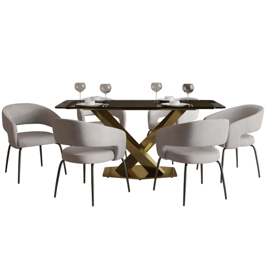 Voren 7-Piece Dining Set with Rectangular Glass Dining Table Gold Base and 6 Velvet/Leather Dining Chairs with Iron Base