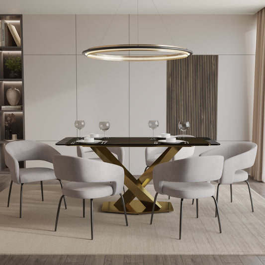 Voren 7-Piece Dining Set with Rectangular Glass Dining Table Gold Base and 6 Velvet/Leather Dining Chairs with Iron Base