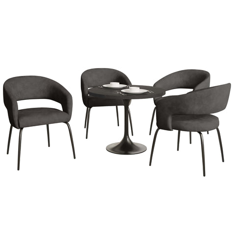 Verve 5-Piece Dining Set with 36" Round Dining Table in Black MDF Top and 4 Dining Chairs Upholstered in Velvet/LeatherThis 5-piece dining set includes a stylish 36" round table with a sleek black MDF top and 4 comfortable dining chairs upholstered in a l