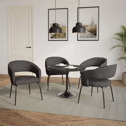 Verve 5-Piece Dining Set with 36" Round Dining Table in Black MDF Top and 4 Dining Chairs Upholstered in Velvet/LeatherThis 5-piece dining set includes a stylish 36" round table with a sleek black MDF top and 4 comfortable dining chairs upholstered in a l