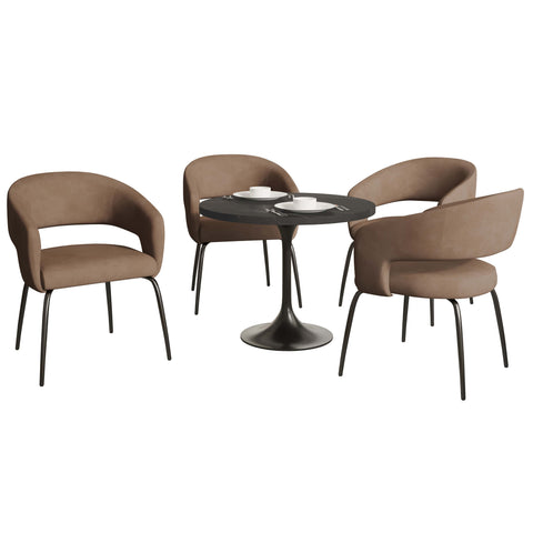 Verve 5-Piece Dining Set with 36" Round Dining Table in Black MDF Top and 4 Dining Chairs Upholstered in Velvet/LeatherThis 5-piece dining set includes a stylish 36" round table with a sleek black MDF top and 4 comfortable dining chairs upholstered in a l