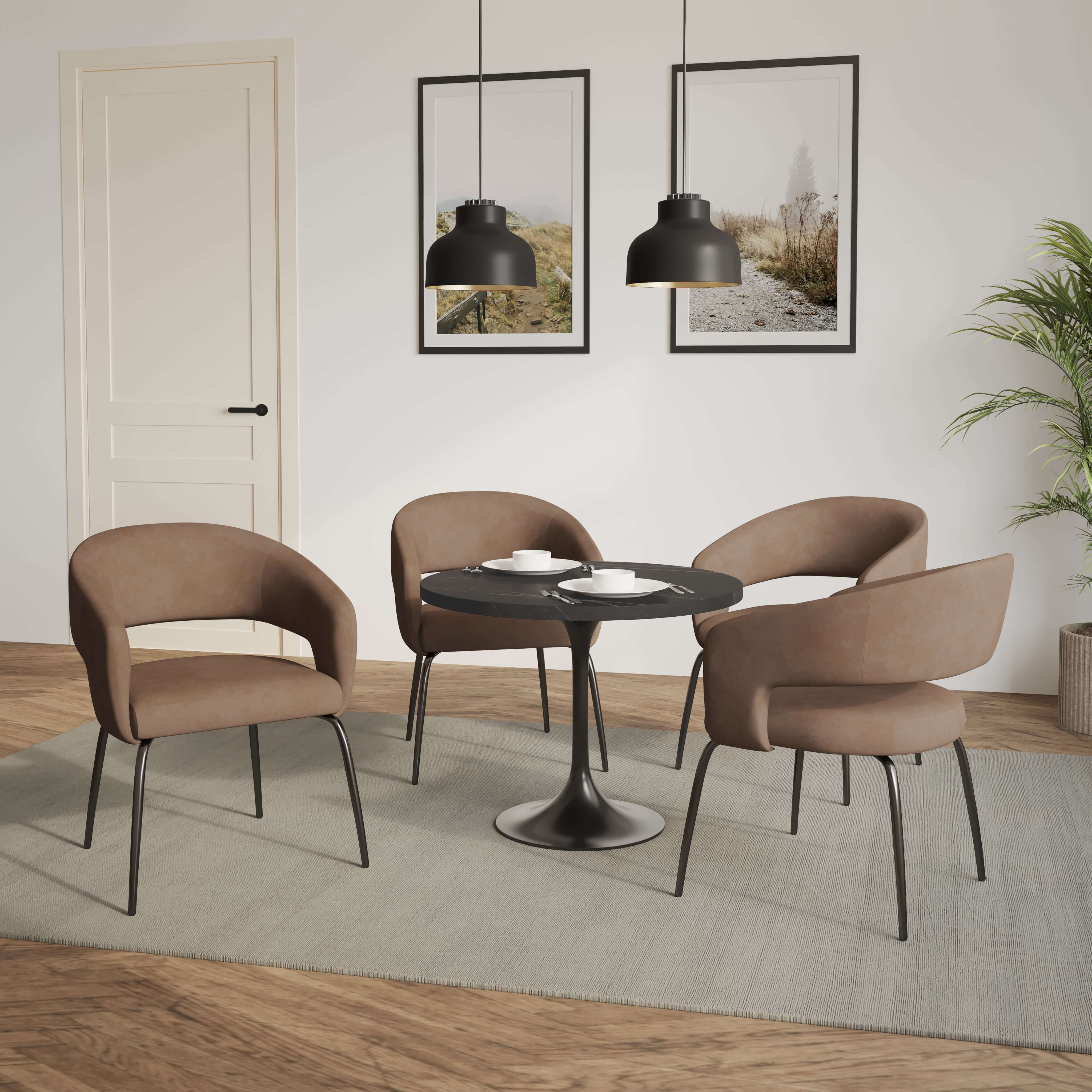 Verve 5-Piece Dining Set with 36" Round Dining Table in Black MDF Top and 4 Dining Chairs Upholstered in Velvet/LeatherThis 5-piece dining set includes a stylish 36" round table with a sleek black MDF top and 4 comfortable dining chairs upholstered in a l