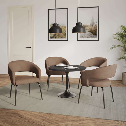 Verve 5-Piece Dining Set with 36" Round Dining Table in Black MDF Top and 4 Dining Chairs Upholstered in Velvet/LeatherThis 5-piece dining set includes a stylish 36" round table with a sleek black MDF top and 4 comfortable dining chairs upholstered in a l