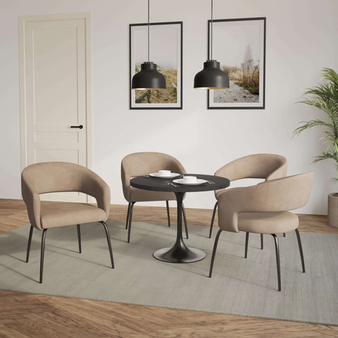 Verve 5-Piece Dining Set with 36" Round Dining Table in Black MDF Top and 4 Dining Chairs Upholstered in Velvet/LeatherThis 5-piece dining set includes a stylish 36" round table with a sleek black MDF top and 4 comfortable dining chairs upholstered in a l