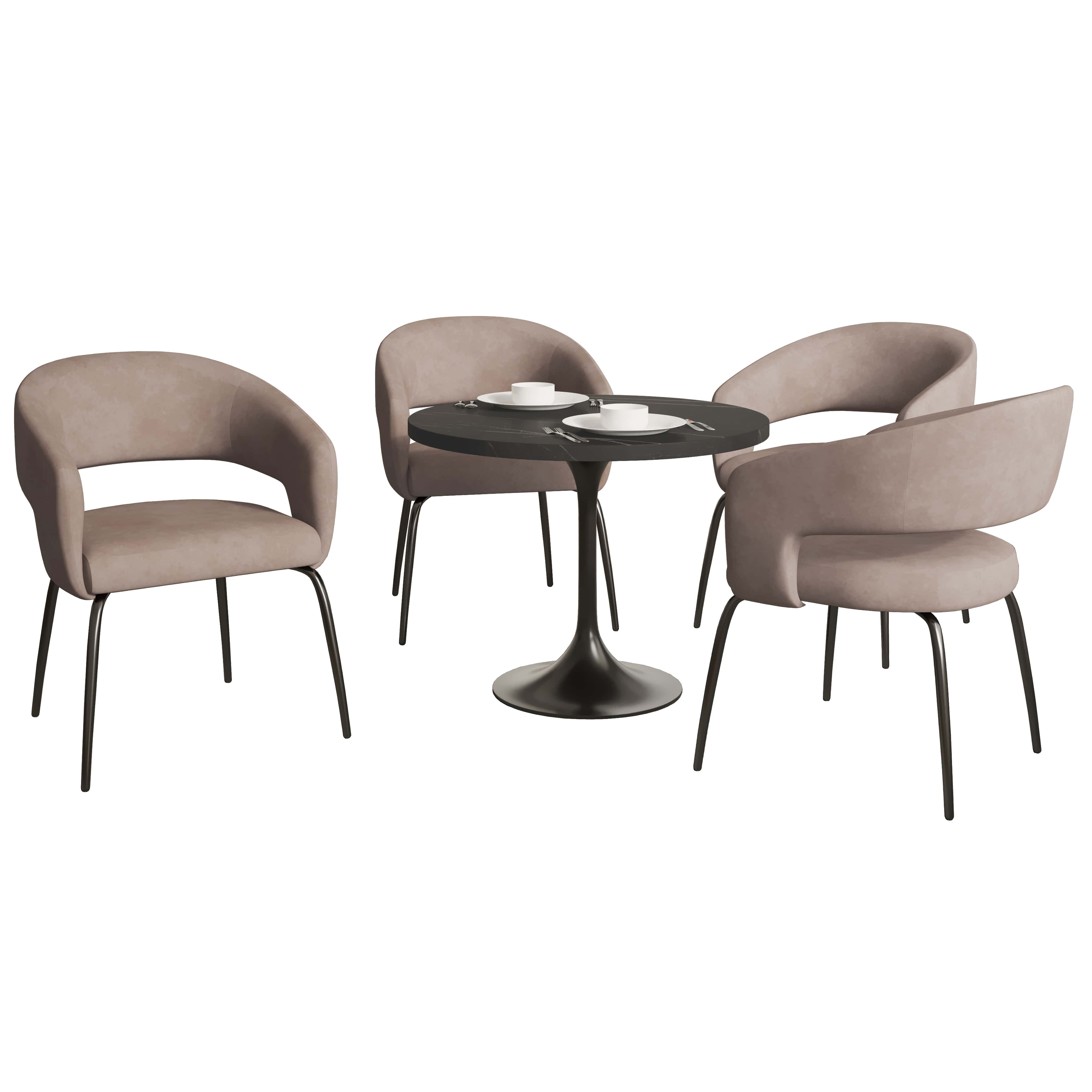 Verve 5-Piece Dining Set with 36" Round Dining Table in Black MDF Top and 4 Dining Chairs Upholstered in Velvet/LeatherThis 5-piece dining set includes a stylish 36" round table with a sleek black MDF top and 4 comfortable dining chairs upholstered in a l