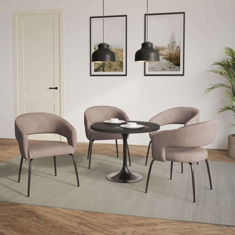 Verve 5-Piece Dining Set with 36" Round Dining Table in Black MDF Top and 4 Dining Chairs Upholstered in Velvet/LeatherThis 5-piece dining set includes a stylish 36" round table with a sleek black MDF top and 4 comfortable dining chairs upholstered in a l