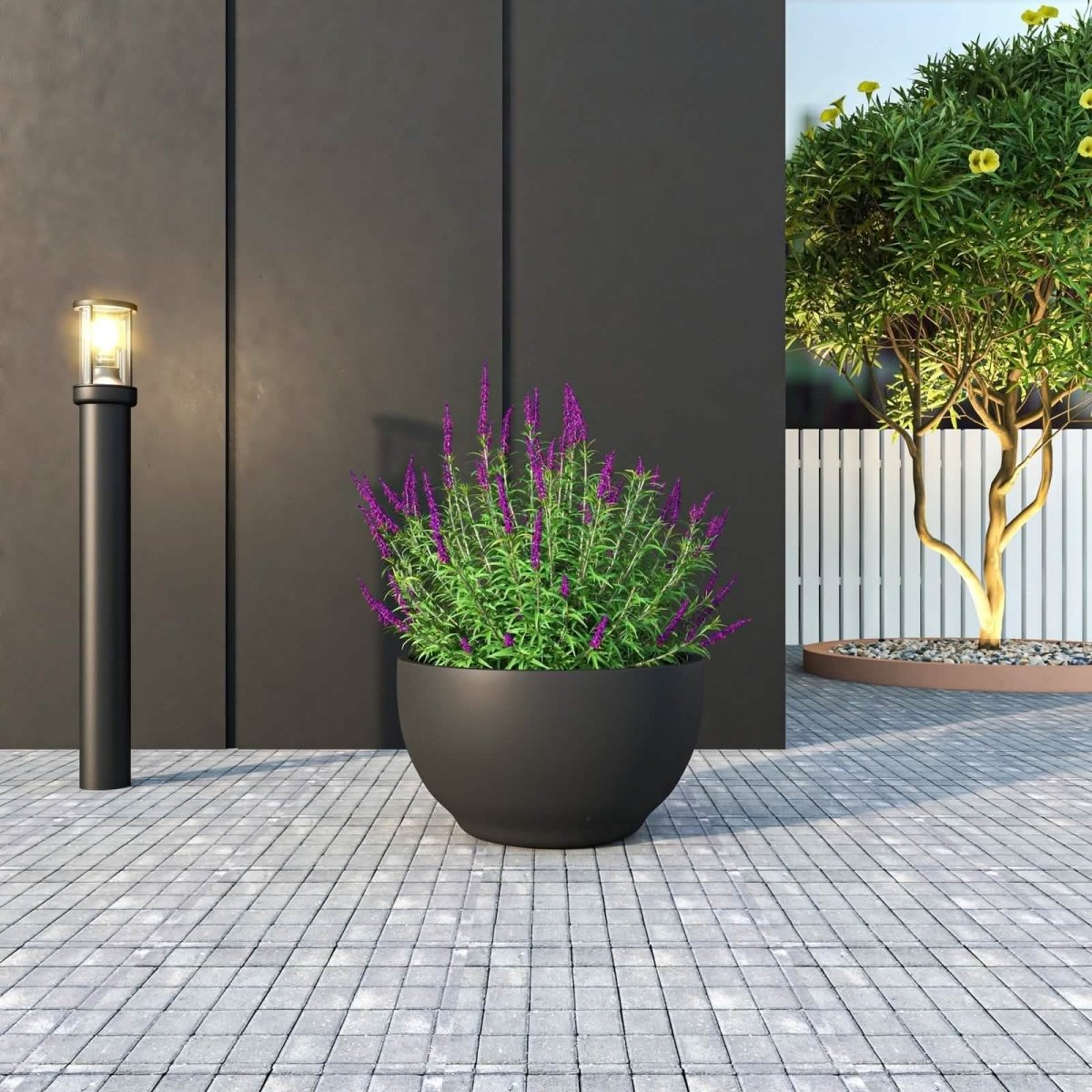 Grove Modern Fiberstone Round Planter Weather Resistant Design Plant Pot