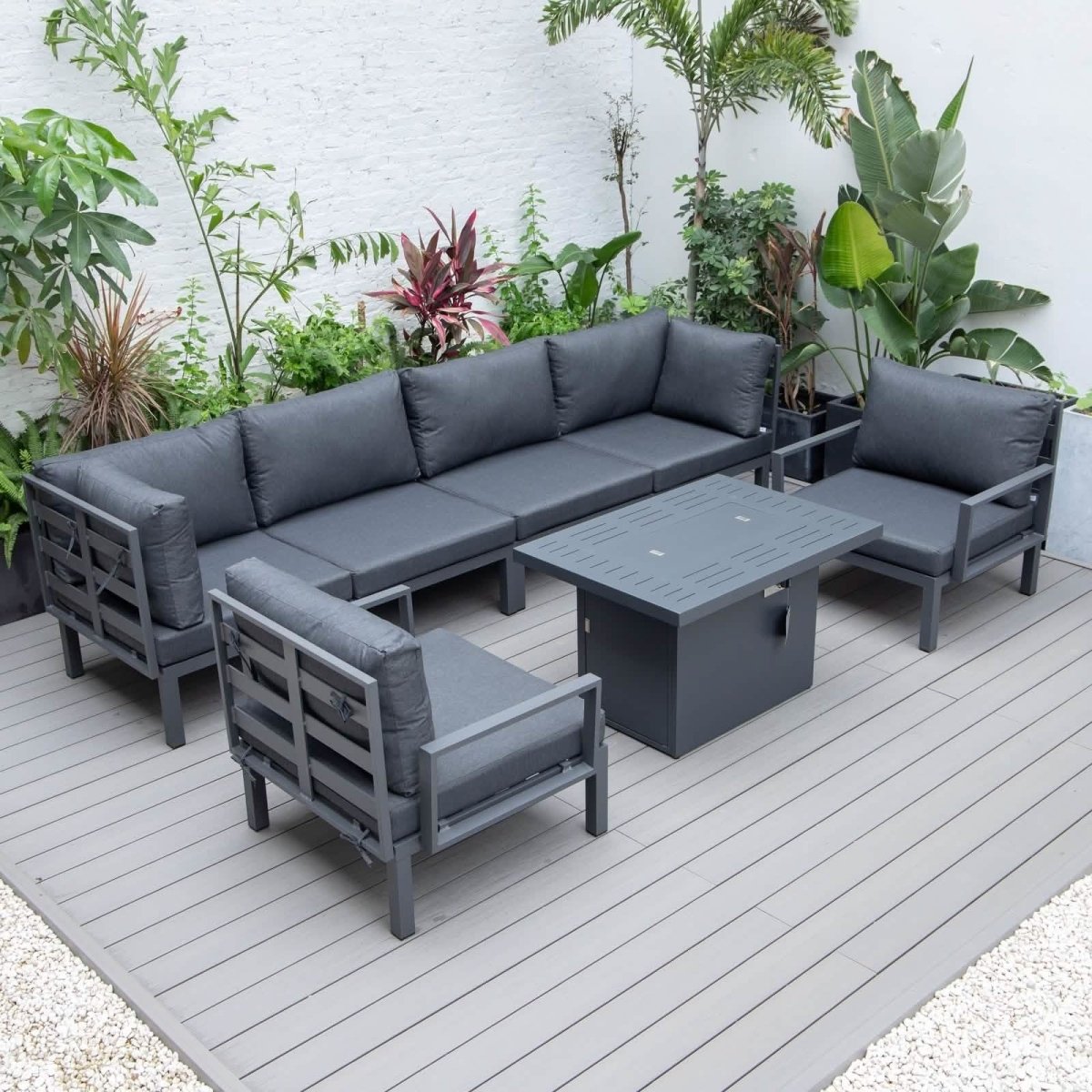 Hamilton 7 - Piece Aluminum Patio Conversation Set With Fire Pit Table And Cushions