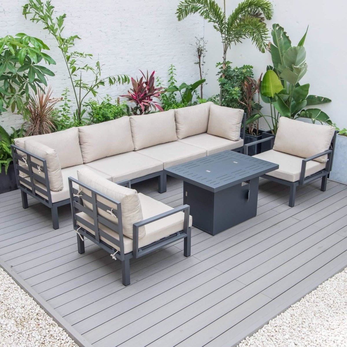Hamilton 7 - Piece Aluminum Patio Conversation Set With Fire Pit Table And Cushions