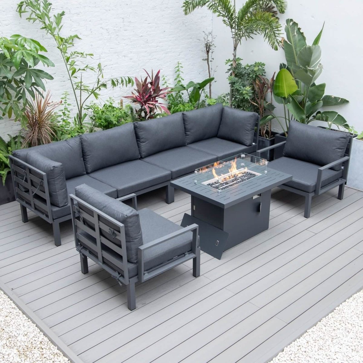 Hamilton 7 - Piece Aluminum Patio Conversation Set With Fire Pit Table And Cushions
