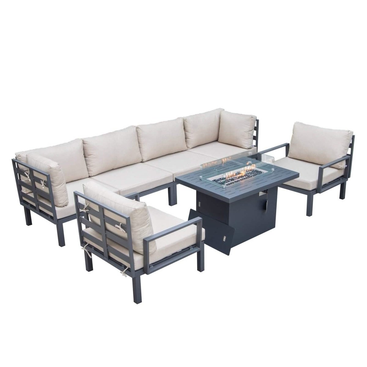 Hamilton 7 - Piece Aluminum Patio Conversation Set With Fire Pit Table And Cushions