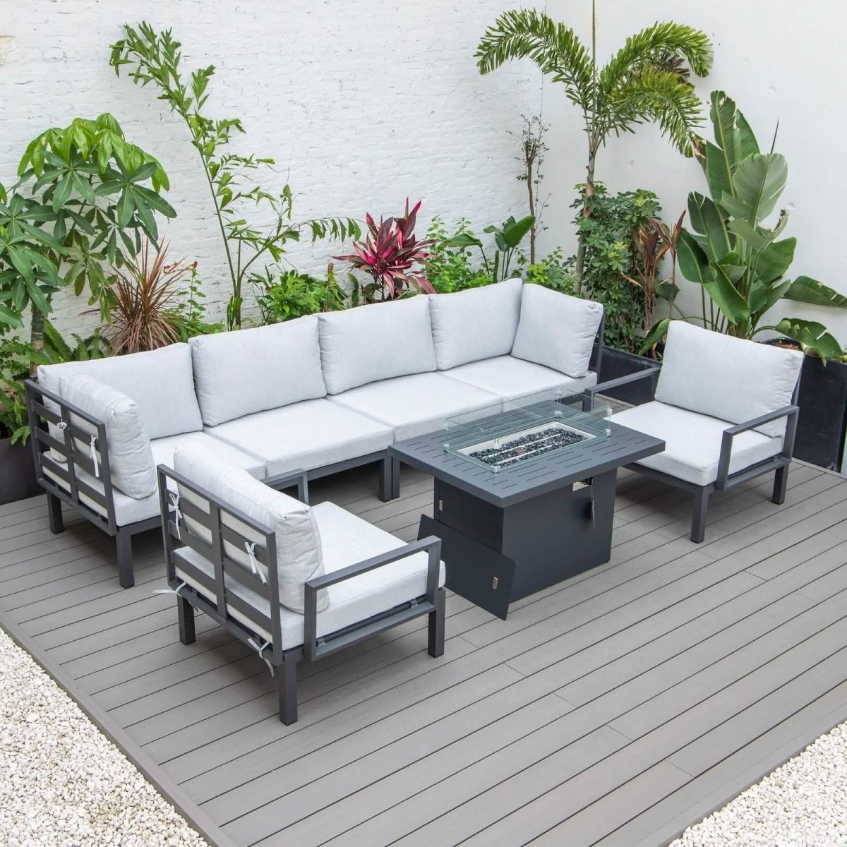 Hamilton 7 - Piece Aluminum Patio Conversation Set With Fire Pit Table And Cushions