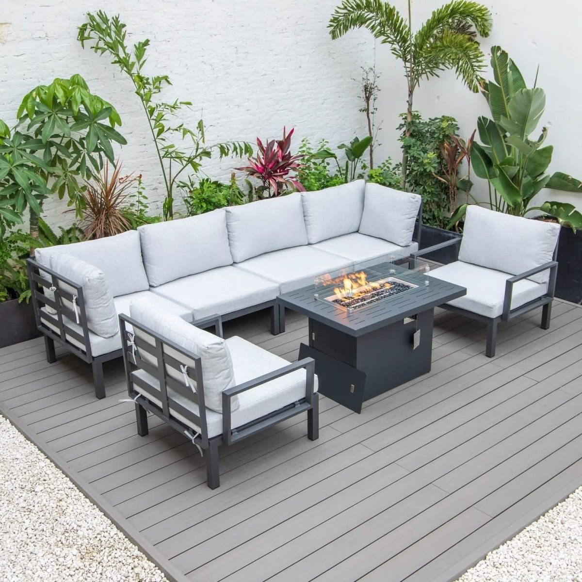 Hamilton 7 - Piece Aluminum Patio Conversation Set With Fire Pit Table And Cushions