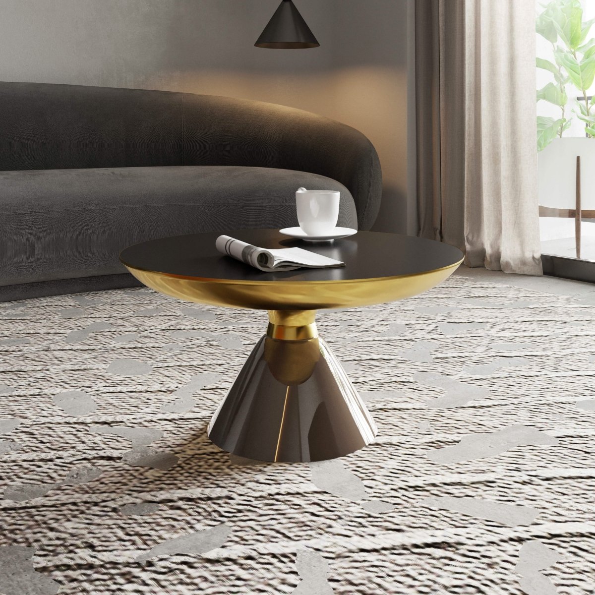 Hyalus 30 - Inch Round Glass Coffee Table with Golden Iron Rim Frame and Glass Base