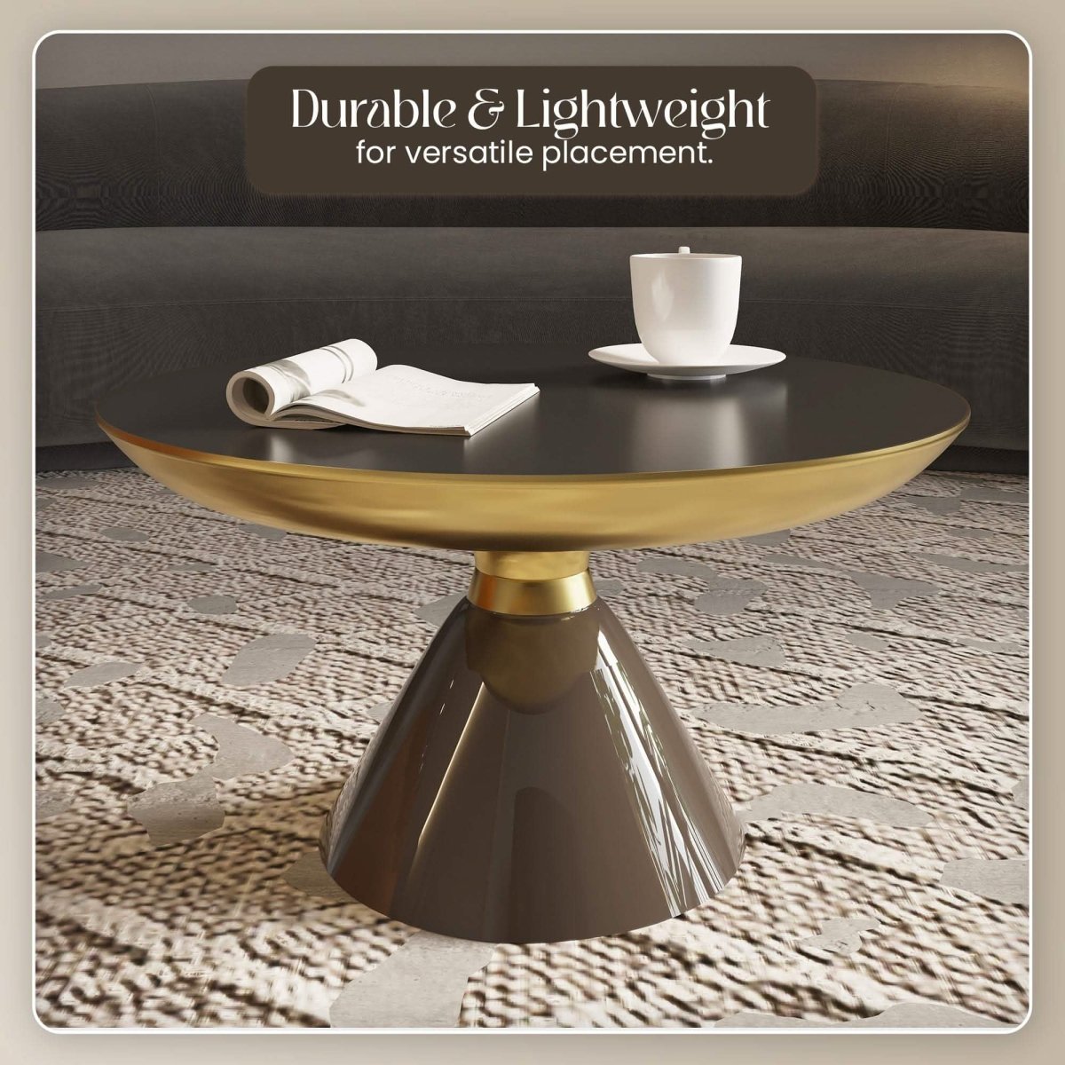 Hyalus 30 - Inch Round Glass Coffee Table with Golden Iron Rim Frame and Glass Base