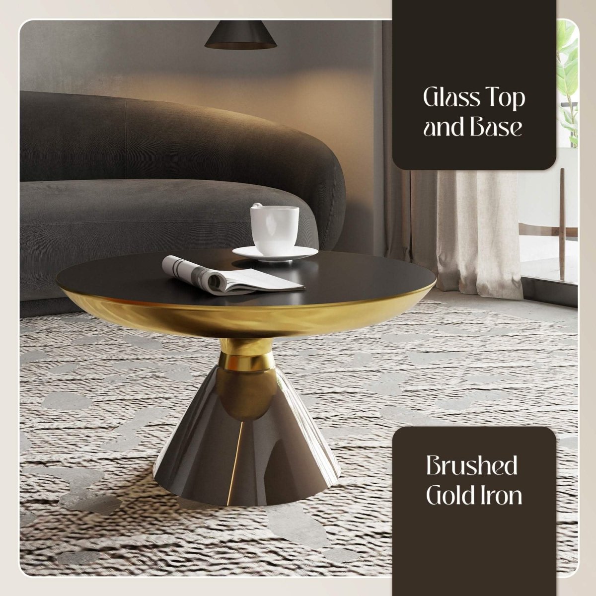 Hyalus 30 - Inch Round Glass Coffee Table with Golden Iron Rim Frame and Glass Base