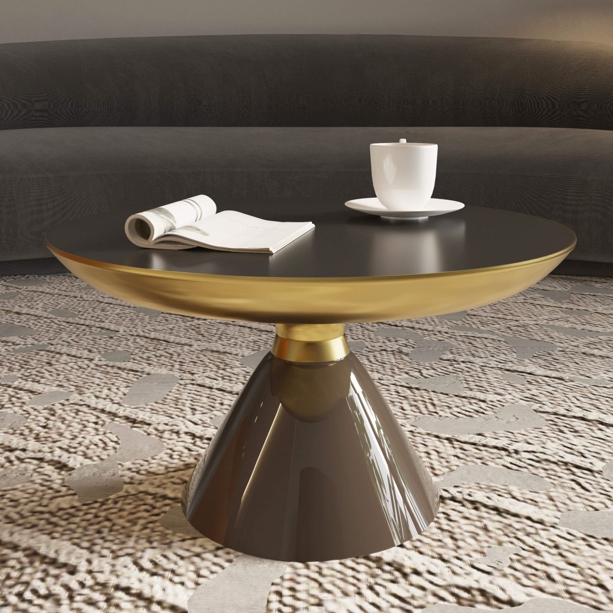 Hyalus 30 - Inch Round Glass Coffee Table with Golden Iron Rim Frame and Glass Base