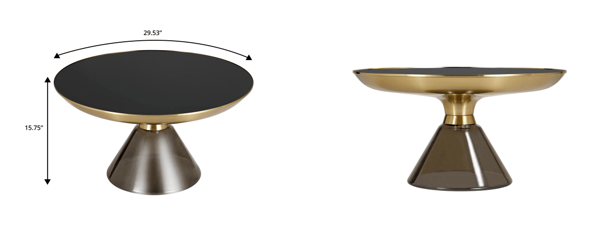 Hyalus 30 - Inch Round Glass Coffee Table with Golden Iron Rim Frame and Glass Base