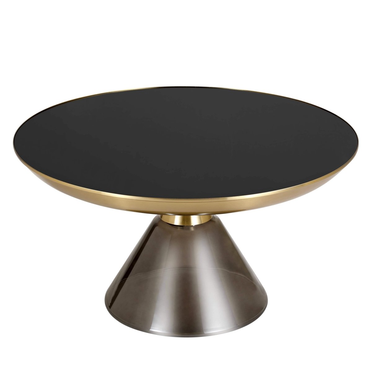 Hyalus 30 - Inch Round Glass Coffee Table with Golden Iron Rim Frame and Glass Base