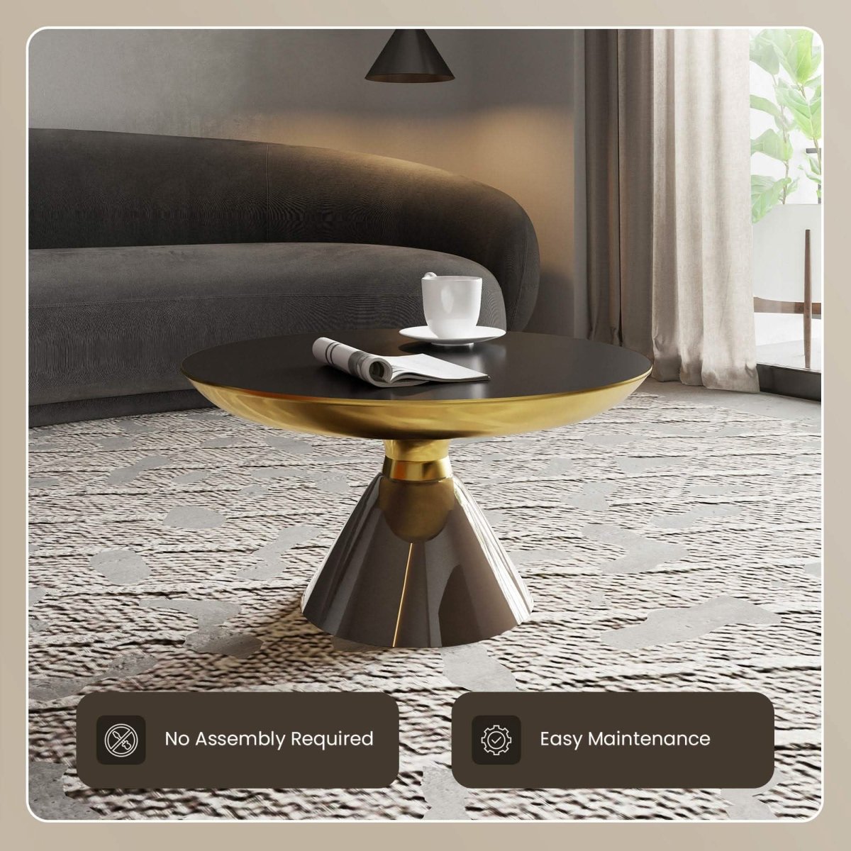 Hyalus 30 - Inch Round Glass Coffee Table with Golden Iron Rim Frame and Glass Base