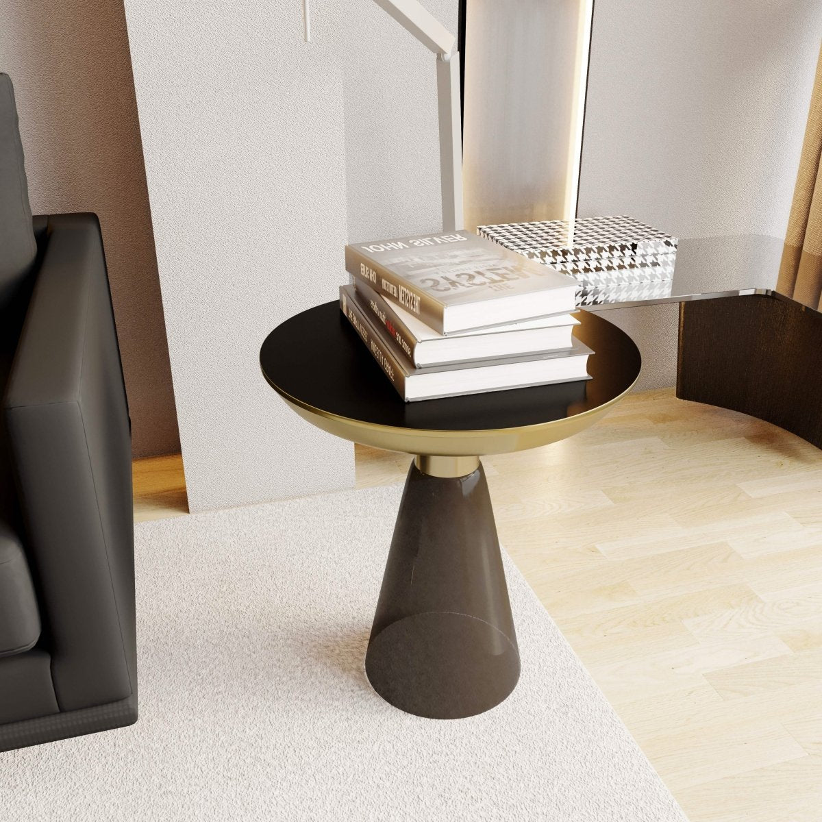 Hyalus Tully 19 - Inch Round Glass Side Table with Iron Rim Frame and Glass Base