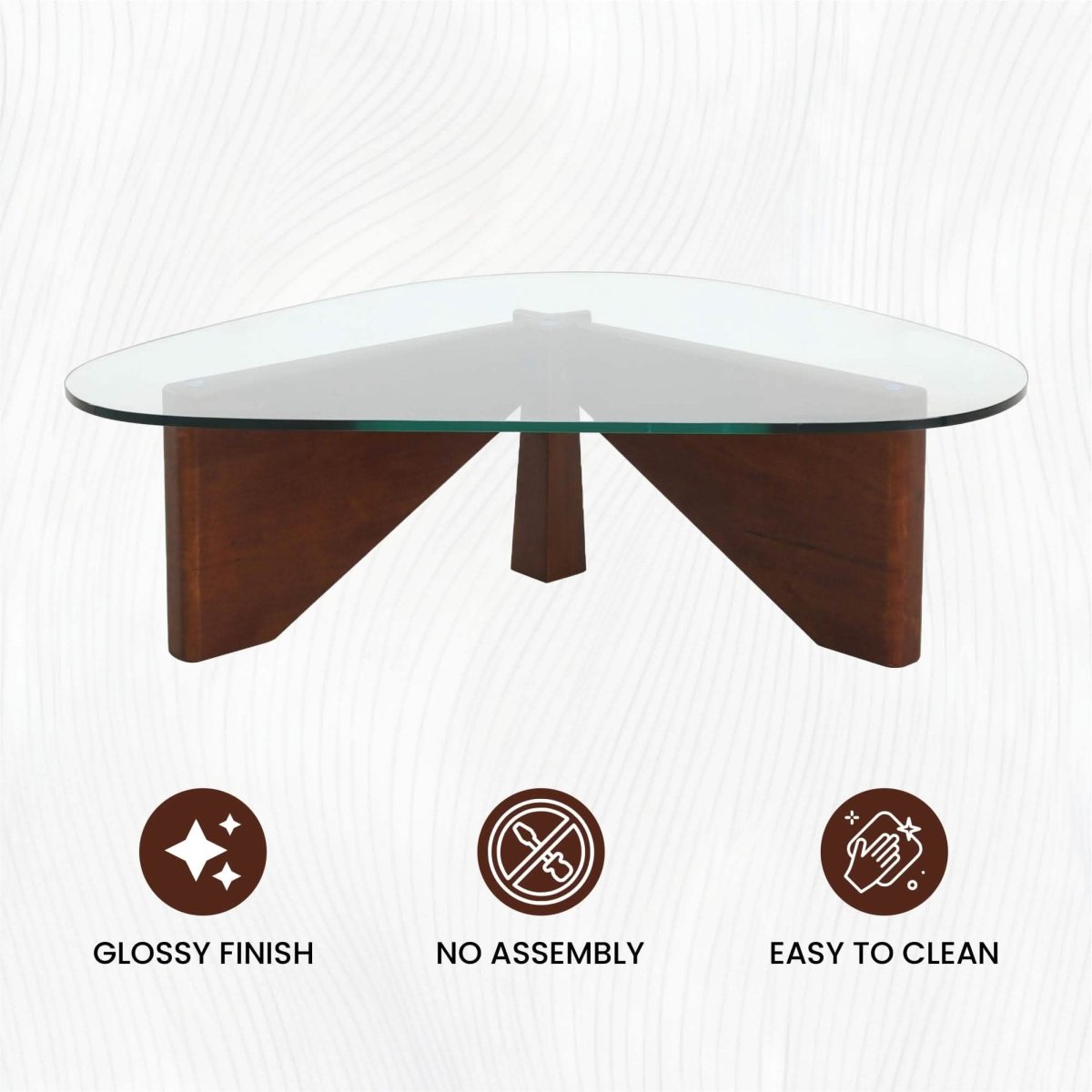 Imperial Triangular Coffee Table with a Glass Tabletop and Wood Base
