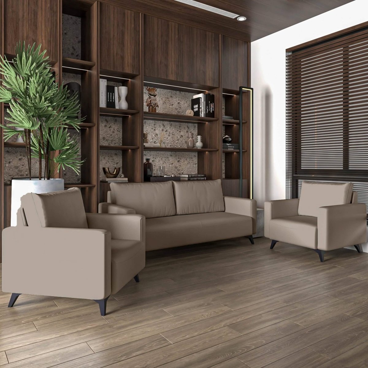 Inno 3 - Piece Leather Sofa Set with 2 Single - Seater and a Three - Seater Sofa with Stainless Steel Legs