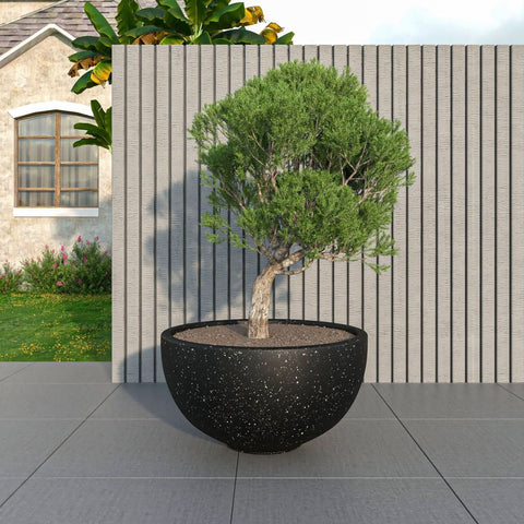 LeisureMod Iris Modern Round Planter Pot in Fiberstone and Clay Weather Resistant Design