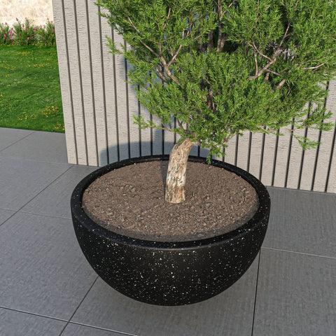 LeisureMod Iris Modern Round Planter Pot in Fiberstone and Clay Weather Resistant Design