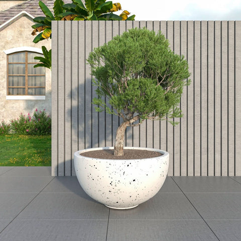 LeisureMod Iris Modern Round Planter Pot in Fiberstone and Clay Weather Resistant Design