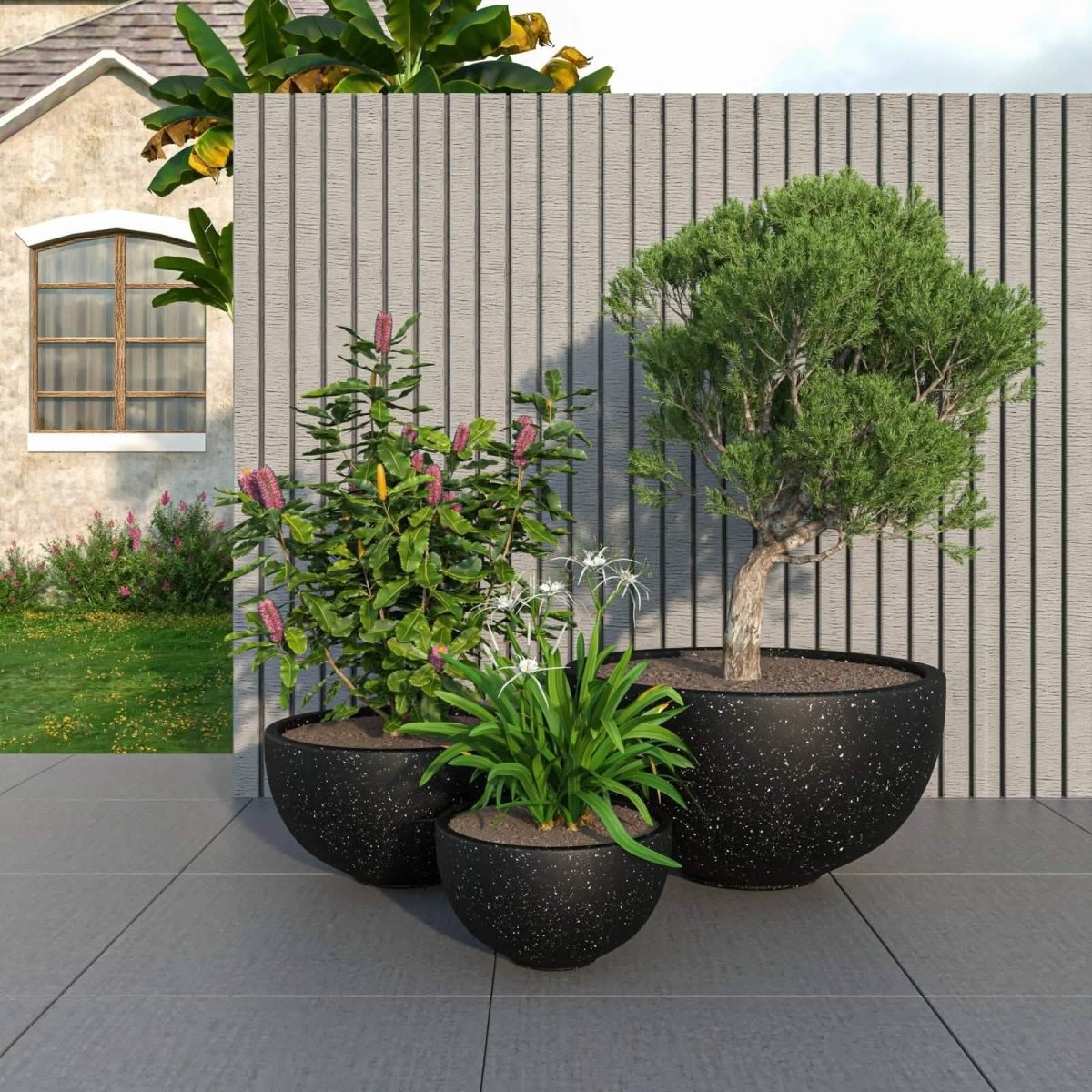 Iris Modern 3 - Piece Round Planter Pot Set in Fiberstone and Clay Weather Resistant Design