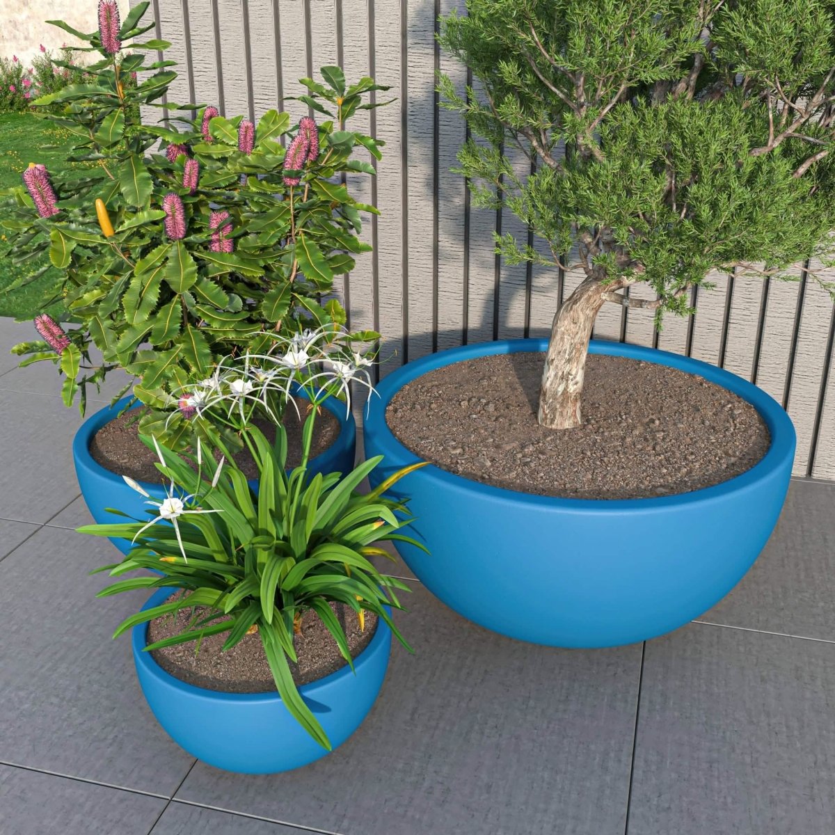 Iris Modern 3 - Piece Round Planter Pot Set in Fiberstone and Clay Weather Resistant Design
