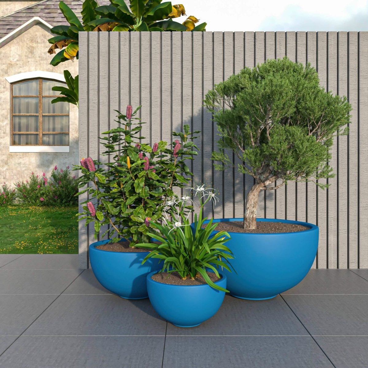 Iris Modern 3 - Piece Round Planter Pot Set in Fiberstone and Clay Weather Resistant Design