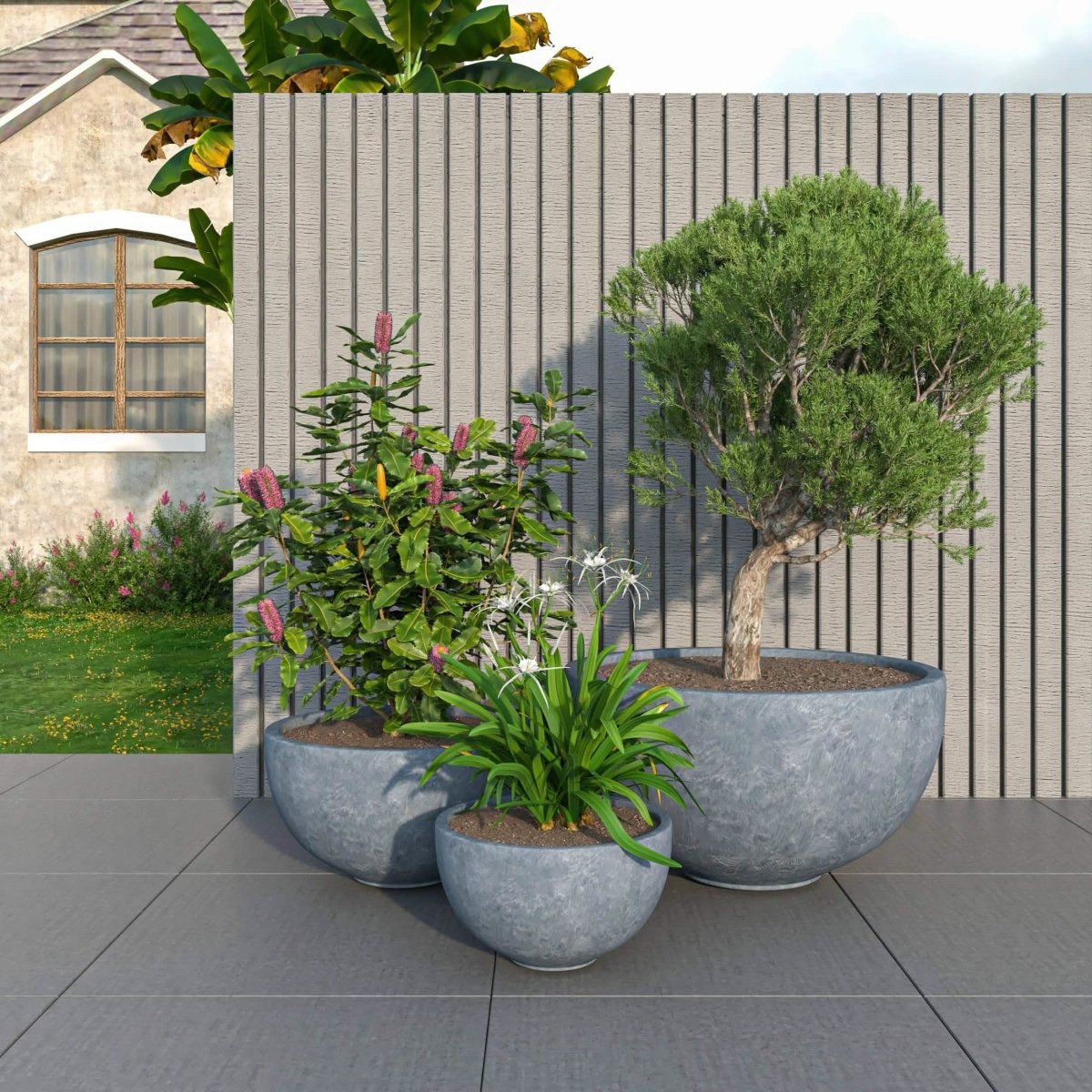 Iris Modern 3 - Piece Round Planter Pot Set in Fiberstone and Clay Weather Resistant Design