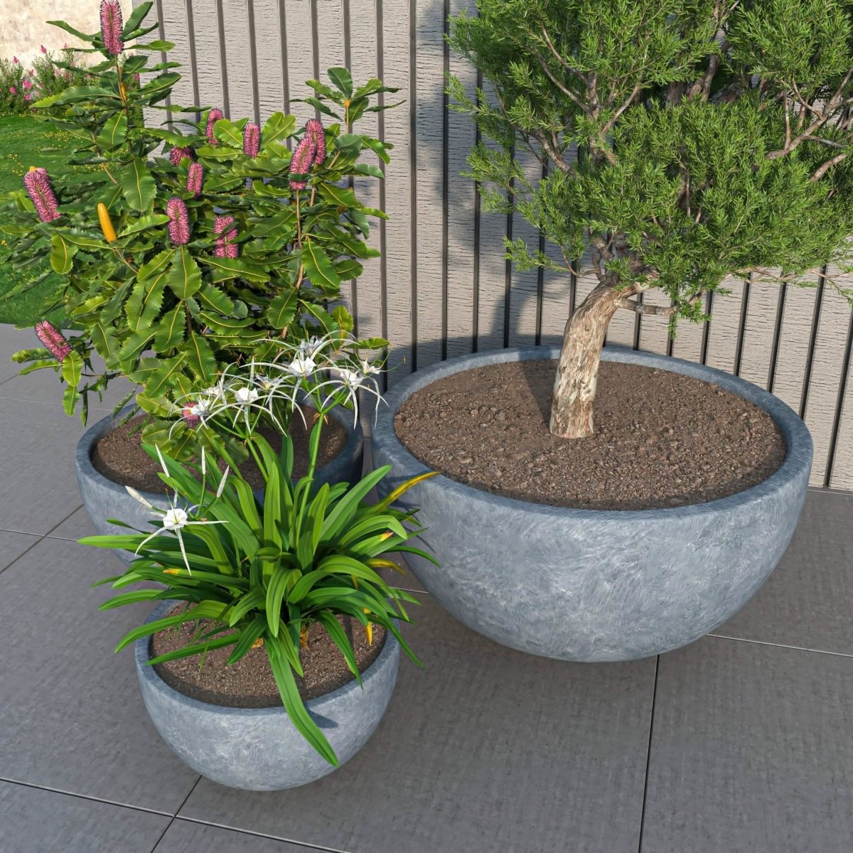Iris Modern 3 - Piece Round Planter Pot Set in Fiberstone and Clay Weather Resistant Design
