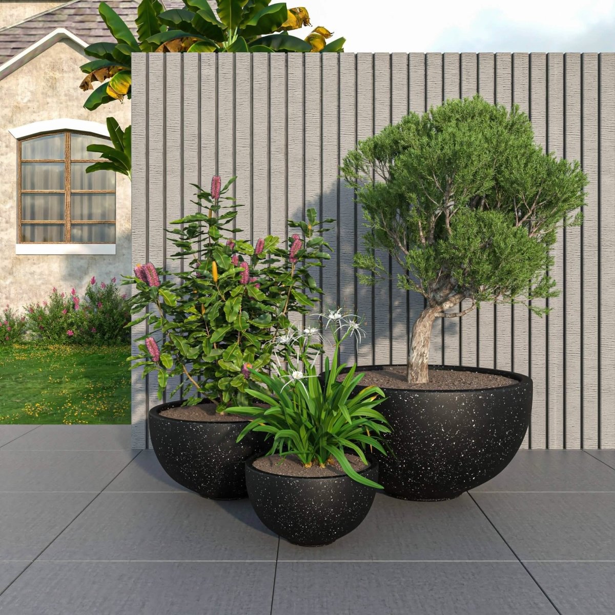 Iris Modern 3 - Piece Round Planter Pot Set in Fiberstone and Clay Weather Resistant Design