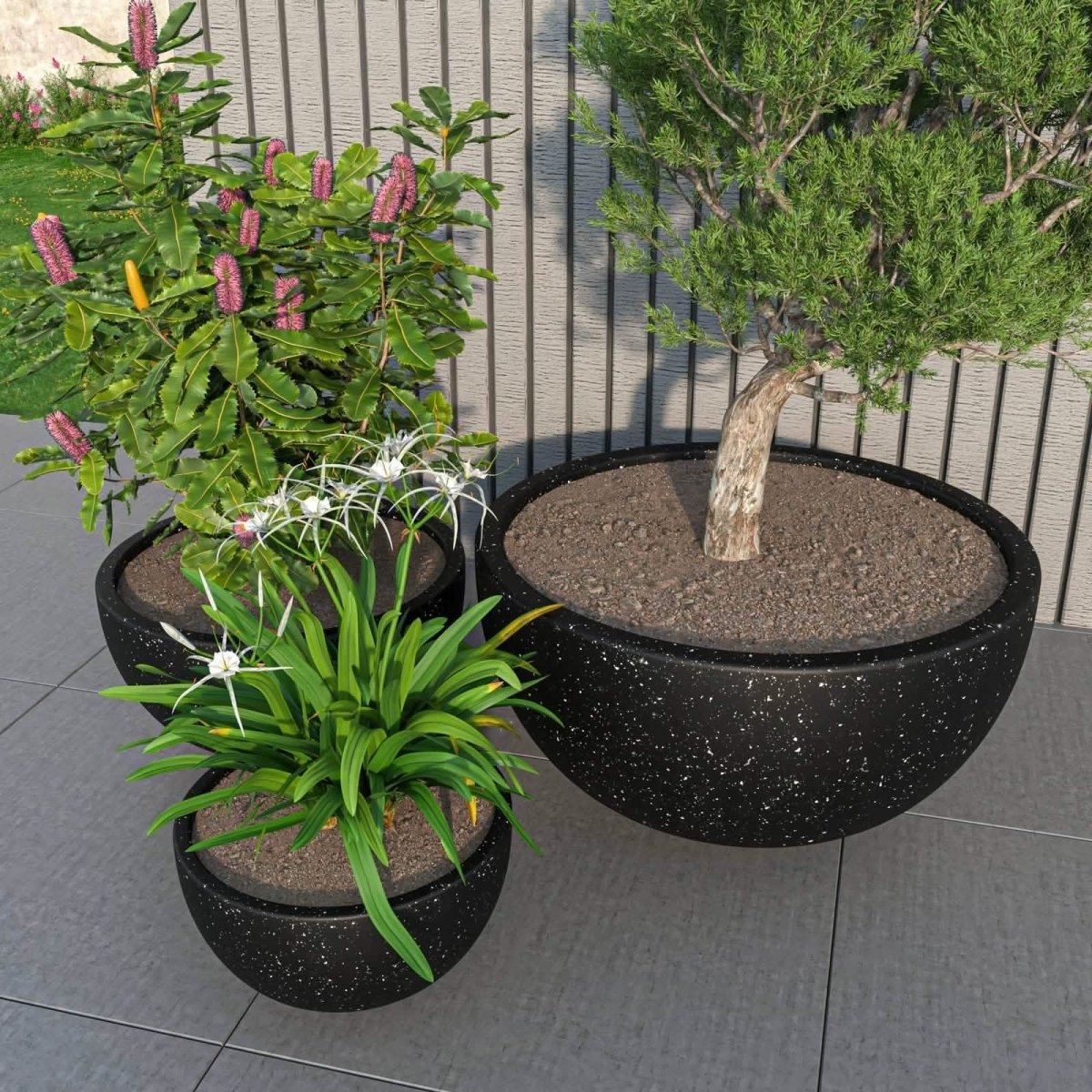 Iris Modern 3 - Piece Round Planter Pot Set in Fiberstone and Clay Weather Resistant Design