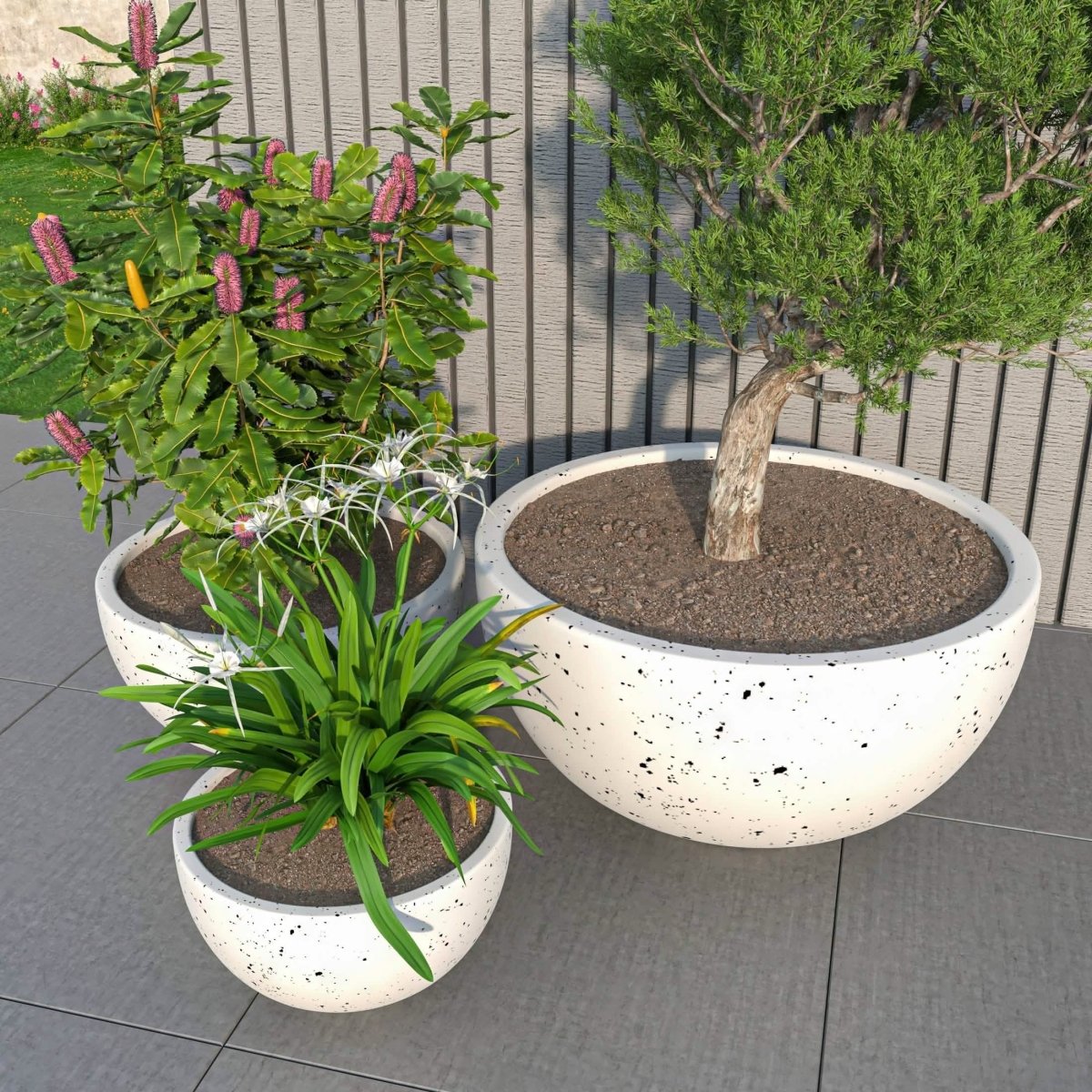 Iris Modern 3 - Piece Round Planter Pot Set in Fiberstone and Clay Weather Resistant Design