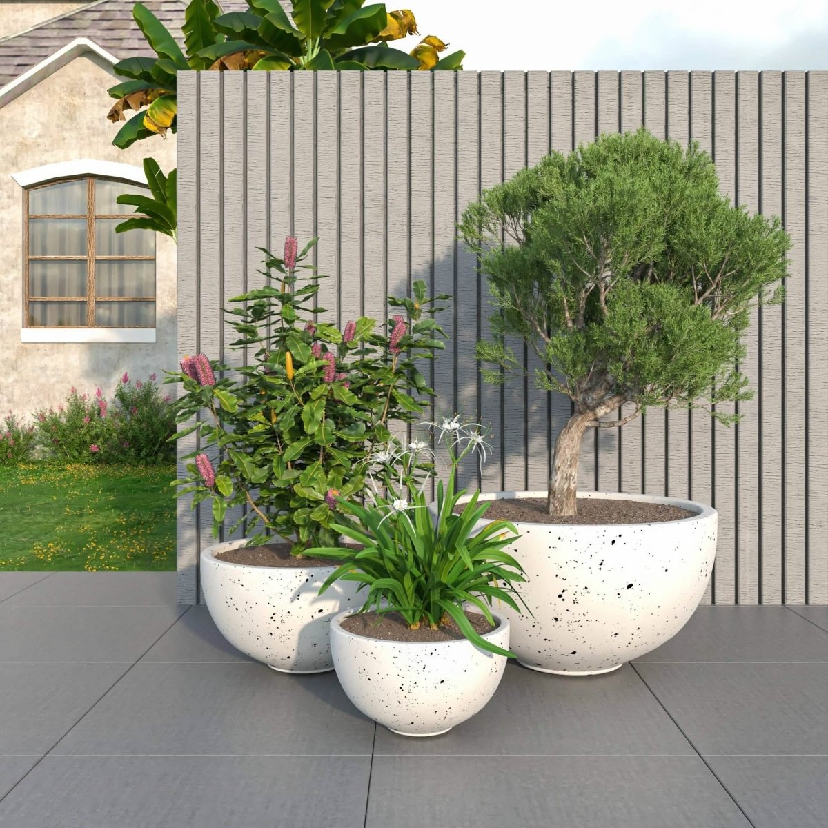 Iris Modern 3 - Piece Round Planter Pot Set in Fiberstone and Clay Weather Resistant Design