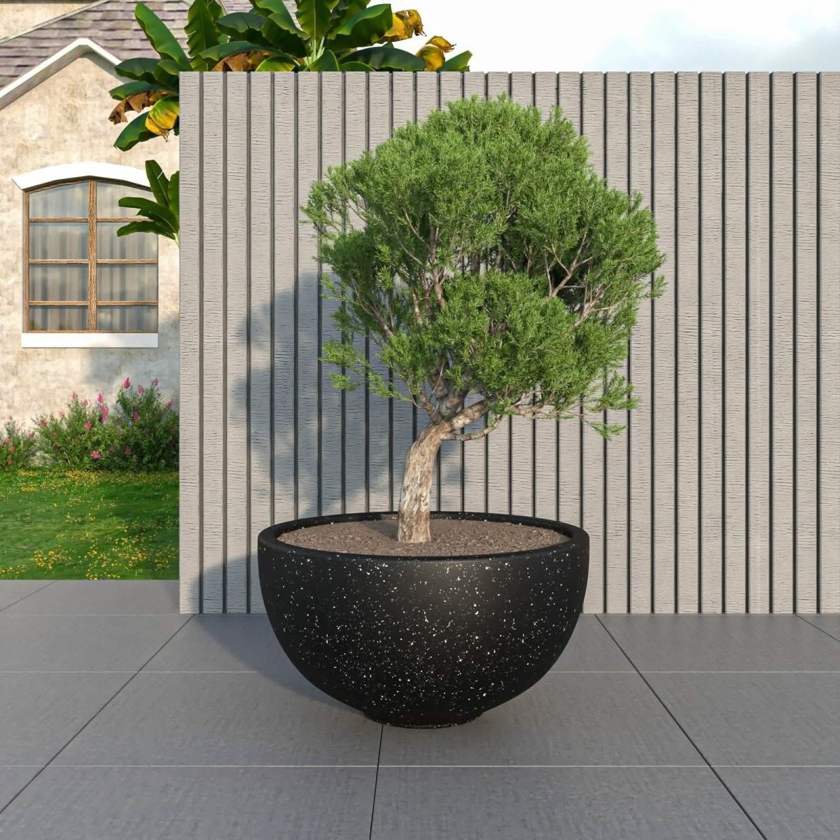 Iris Modern Round Planter Pot in Fiberstone and Clay Weather Resistant Design