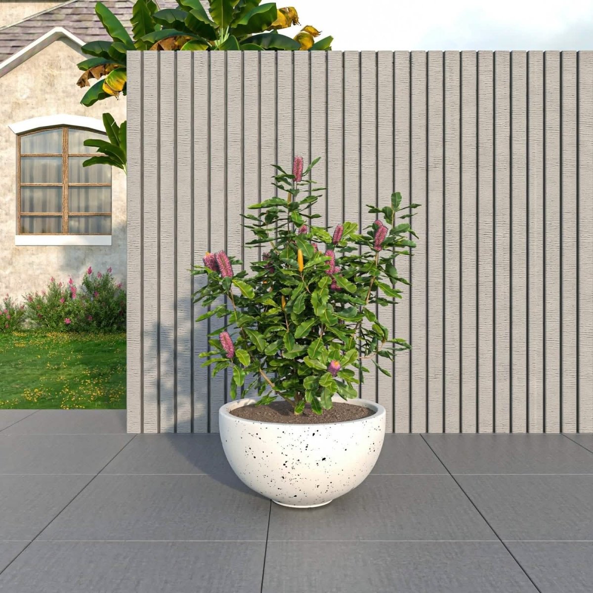 Iris Modern Round Planter Pot in Fiberstone and Clay Weather Resistant Design