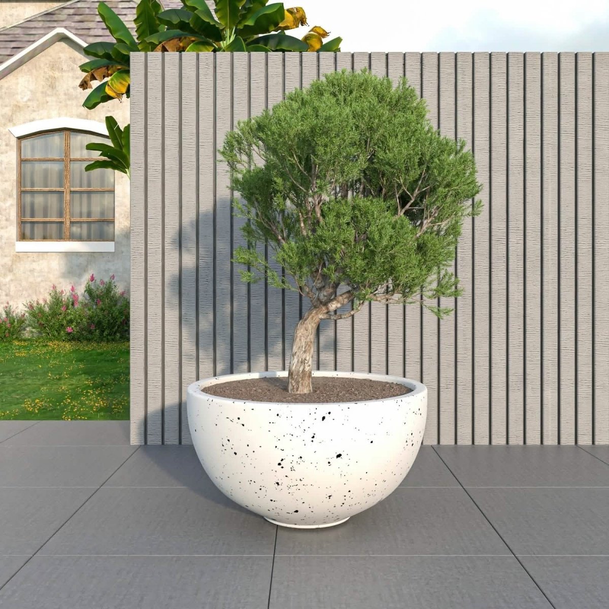 Iris Modern Round Planter Pot in Fiberstone and Clay Weather Resistant Design